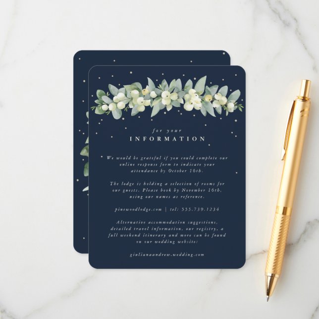 Navy Snowberry+Eucalyptus Garland Wedding Info Enclosure Card (Front/Back In Situ)