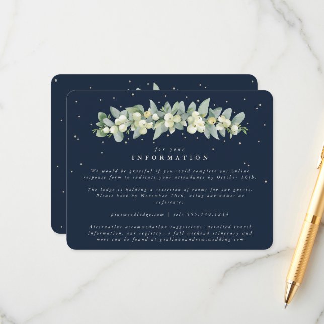 Navy Snowberry+Eucalyptus Garland Wedding Info Enclosure Card (Front/Back In Situ)