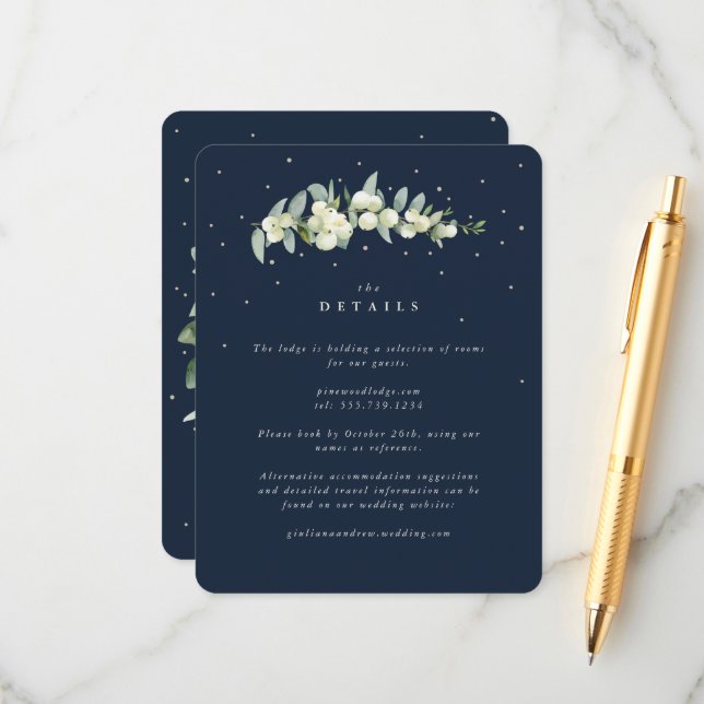 Navy Snowberry+Eucalyptus Stem Wedding Details Enclosure Card (Front/Back In Situ)