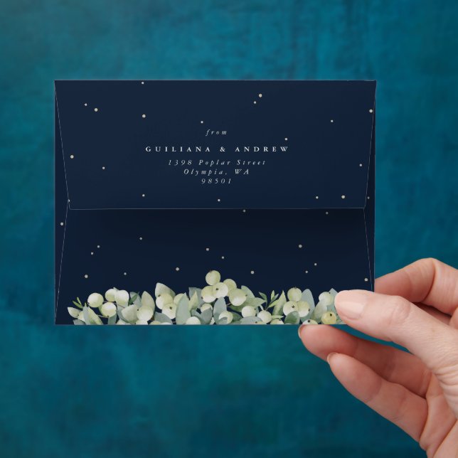 Navy Snowberry+Eucalyptus Wedding A2 Enclosure Envelope (Hand)