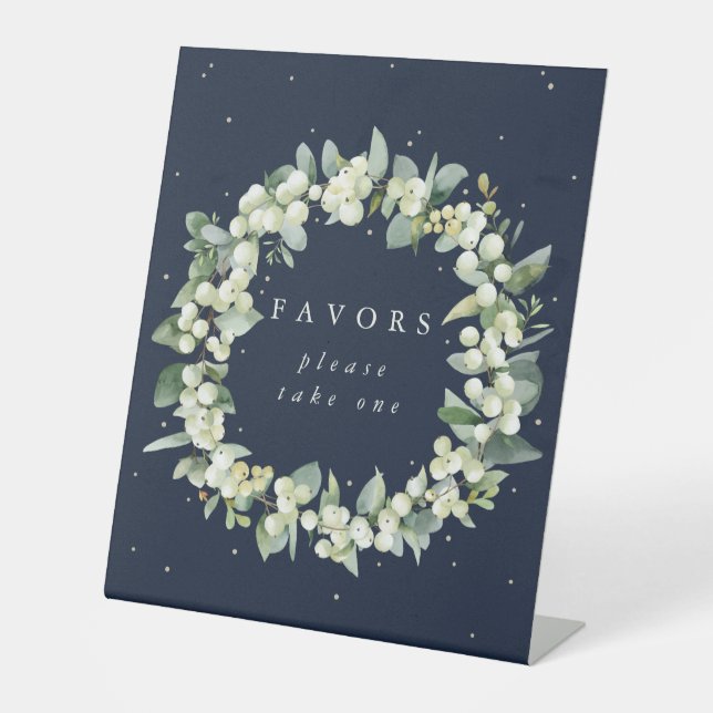 Navy Snowberry+Eucalyptus Wedding Favours Table Pedestal Sign (Front)