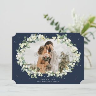 Navy Snowberry+Eucalyptus Wedding Flat Photo Thank You Card