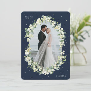 Navy Snowberry+Eucalyptus Wedding Flat Photo Thank You Card