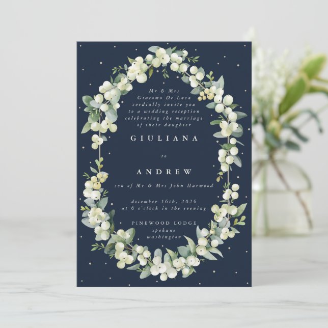 Navy Snowberry+Eucalyptus Wedding Reception Only Invitation (Standing Front)