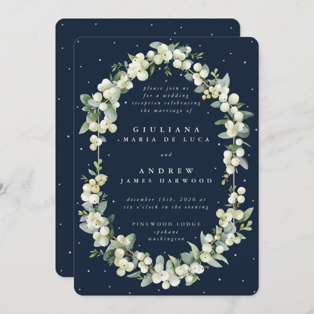 Navy Snowberry+Eucalyptus Wedding Reception Only Invitation (Front/Back)