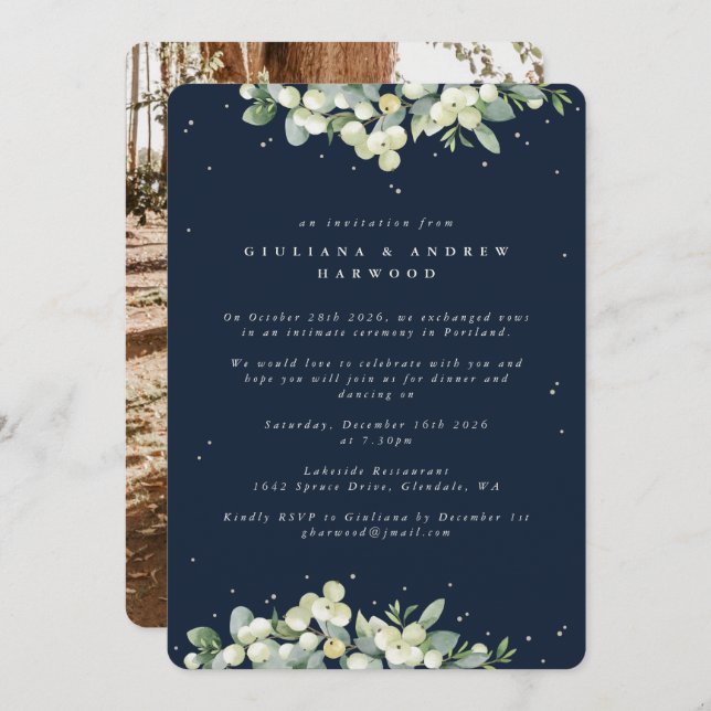 Navy Snowberry+Eucalyptus Wedding Reception Photo Invitation (Front/Back)