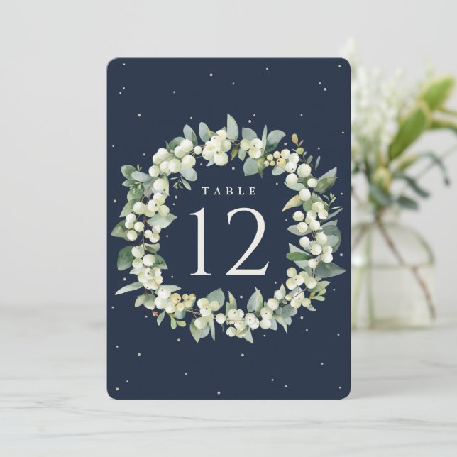 Navy Snowberry+Eucalyptus Wedding Table Number (Standing Front)