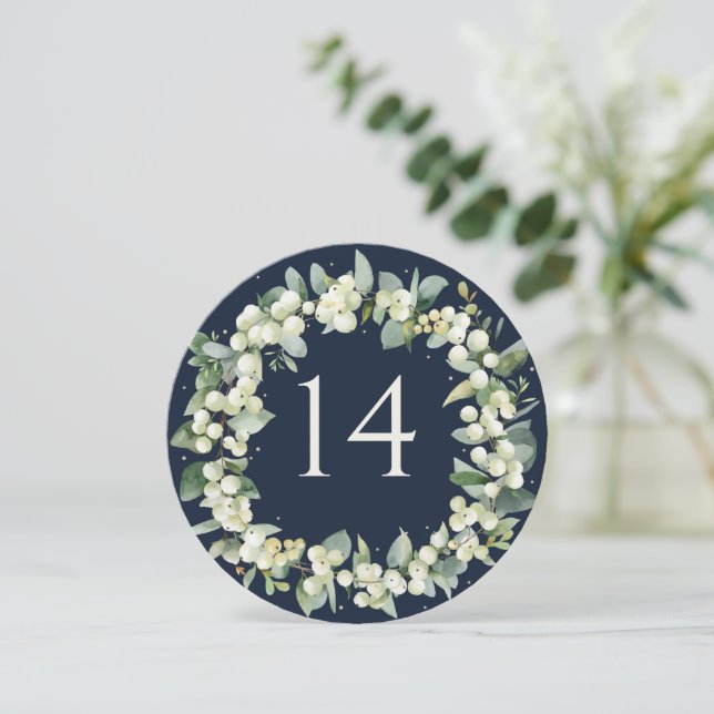 Navy Snowberry+Eucalyptus Wedding Table Number (Standing Front)