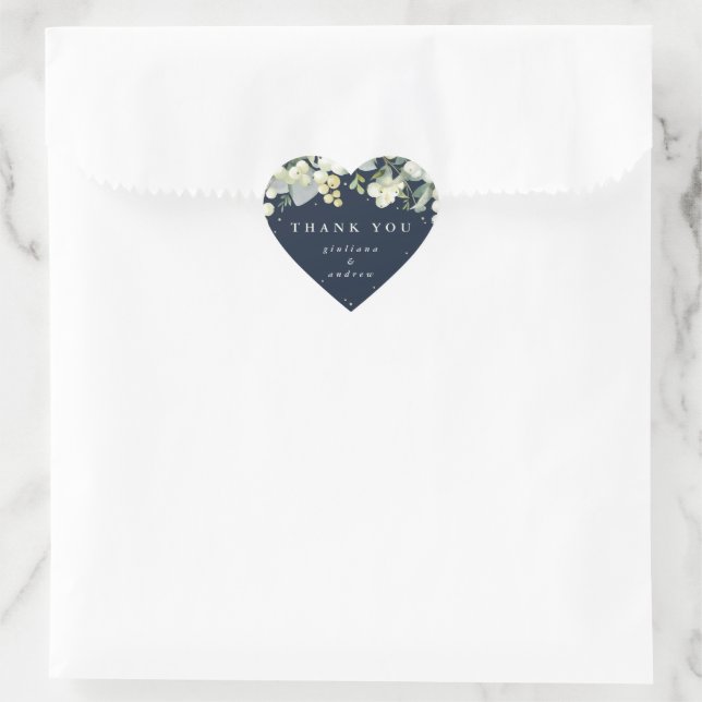 Navy Snowberry+Eucalyptus Wedding Thank You Heart Sticker (Bag)