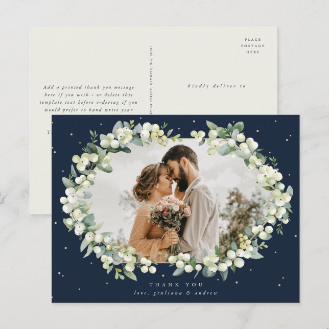 Navy Snowberry+Eucalyptus Wedding Thank You Photo Postcard (Front/Back)