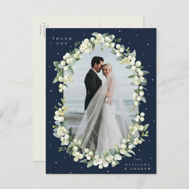 Navy Snowberry+Eucalyptus Wedding Thank You Photo Postcard (Front/Back)