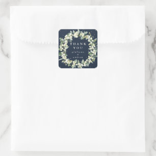 Navy Snowberry+Eucalyptus Wedding Thank You Square Sticker
