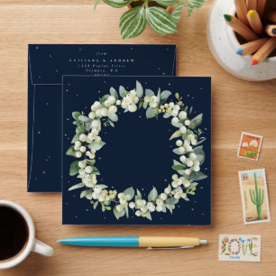 Navy Snowberry+Eucalyptus Wreath Square Envelope