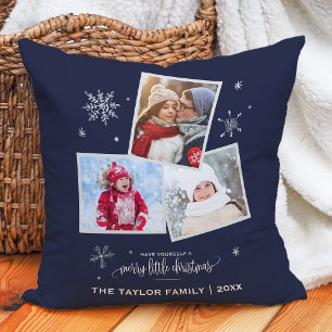 Navy Snowflake   3 Photo Christmas Cushion