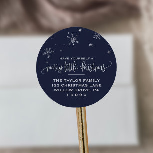 Navy Snowflake Christmas Return Address Classic Round Sticker