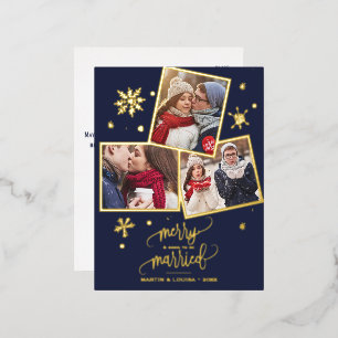 Navy Snowflake Foil 3 Photo Engagement Christmas Foil Holiday Postcard
