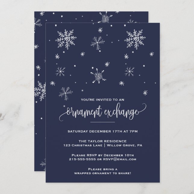Navy Snowflake Ornament Exchange Party Invitation (Front/Back)