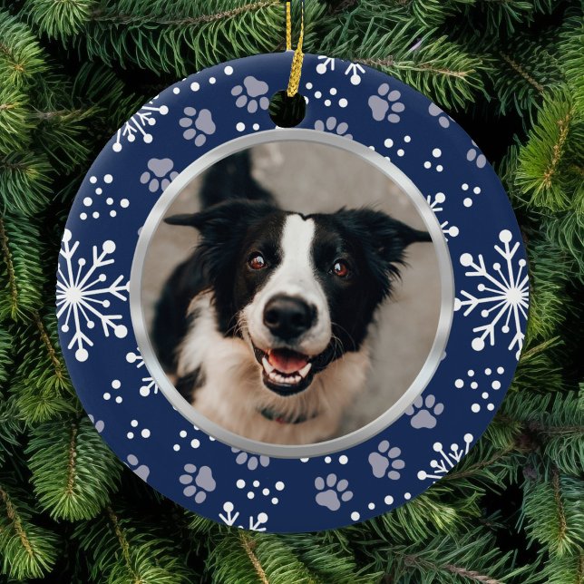 Navy Snowflake Paw Pattern Pet Photo Ceramic Ornament (Creator Uploaded)