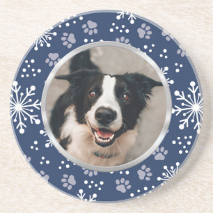 Navy Snowflake Paw Pattern Pet Photo Coaster