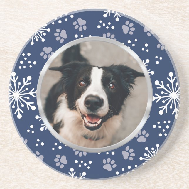 Navy Snowflake Paw Pattern Pet Photo Coaster (Front)