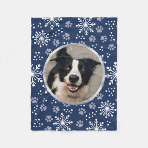 Navy Snowflake Paw Pattern Pet Photo Fleece Blanket