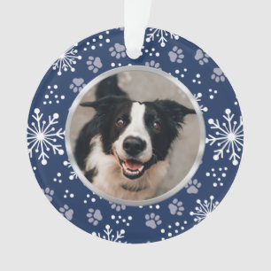 Navy Snowflake Paw Pattern Pet Photo Ornament