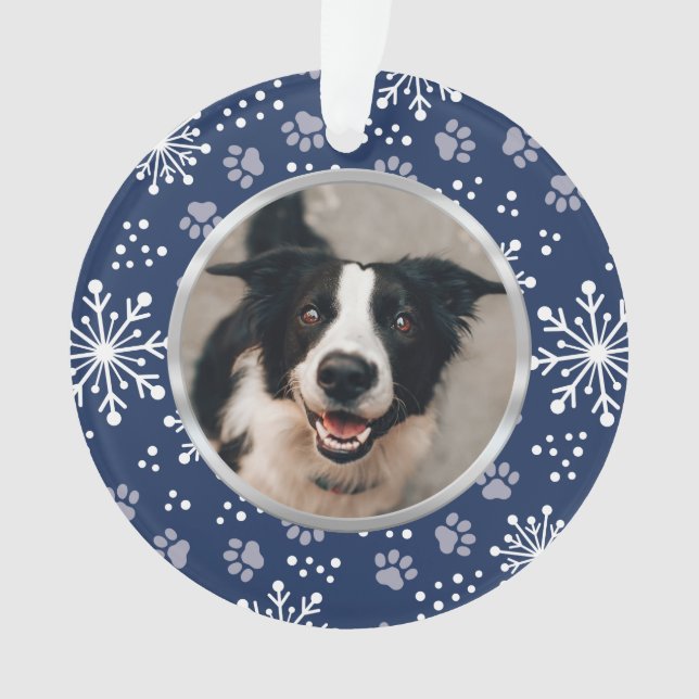 Navy Snowflake Paw Pattern Pet Photo Ornament (Front)
