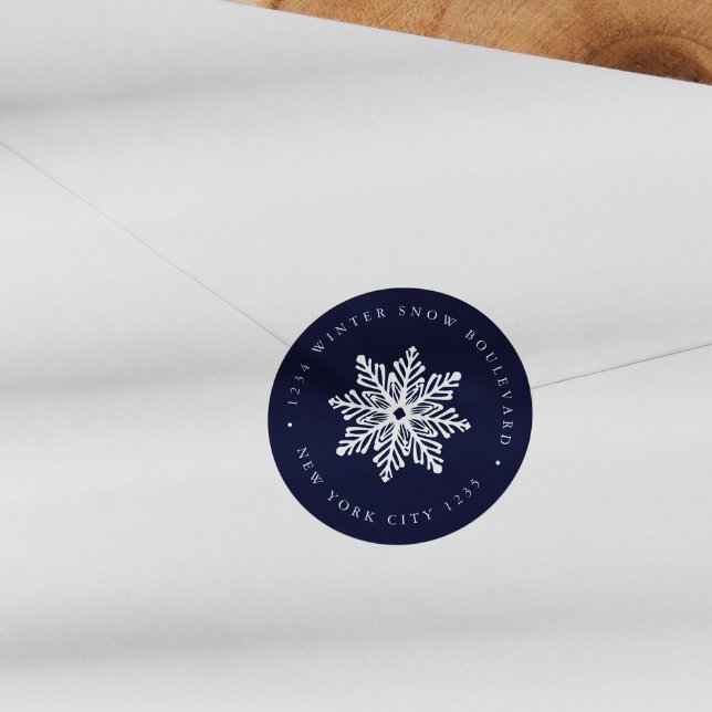 Navy Snowflake Wedding Christmas family address Cl Classic Round Sticker (Creator Uploaded)