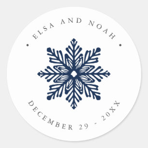 Navy Snowflake Wedding Christmas family address  Classic Round Sticker