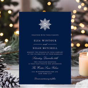 Navy Snowflake Winter Photo Formal Wedding Invitation