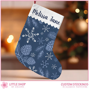 Navy Snowflakes and Pinecones Customisable Small Christmas Stocking