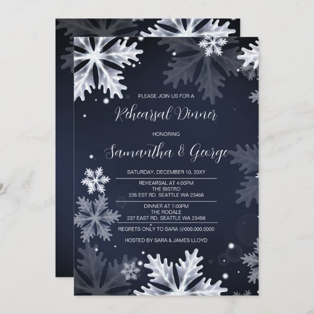 Navy Snowflakes Winter Rehearsal Dinner  Invitation (Front/Back)