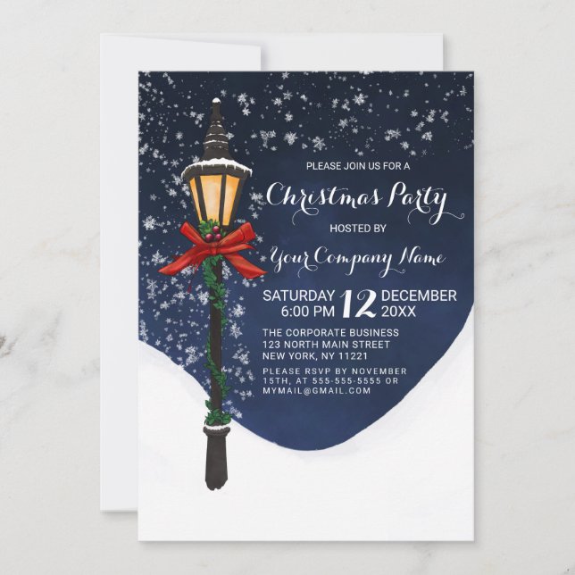 Navy Snowy Lamppost Garland Corporate Christmas Invitation (Front)