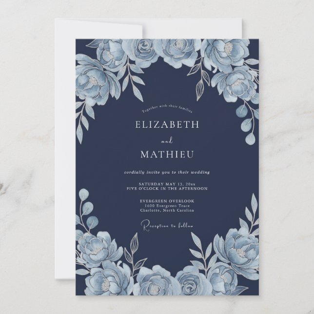 Navy Snowy Winter Wedding Invitation (Front)