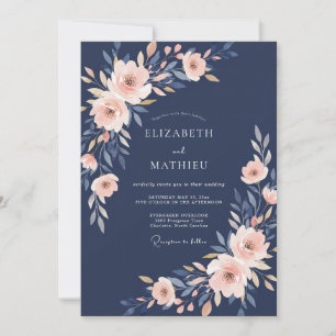 Navy Soft Blossom Romance Wedding Invitation
