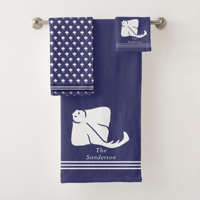 Navy Soft Blue Coastal Nautical Stingray Manta Ray Bath Towel Set (Insitu)