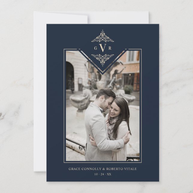 Navy Sophisticate Flourish Chic Golden Initials Invitation (Front)