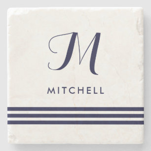 Navy Sophisticated Stripes   Name and Monogram Stone Coaster