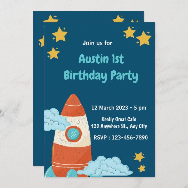 Navy Space Rocket Birthday Party Invitation (Front/Back)