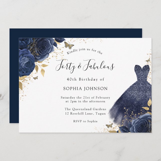 Navy Sparkle Dress 40th Birthday Forty & Fabulous Invitation (Front/Back)