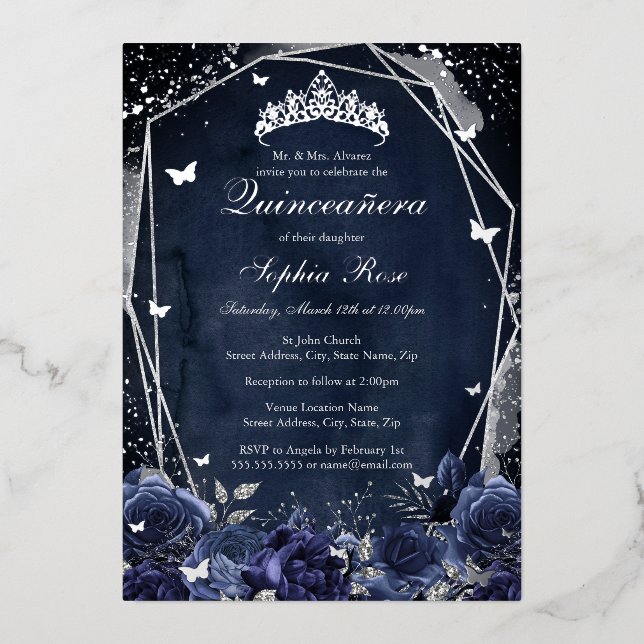 Navy Sparkle Flower Tiara Silver Quinceanera  (Front)