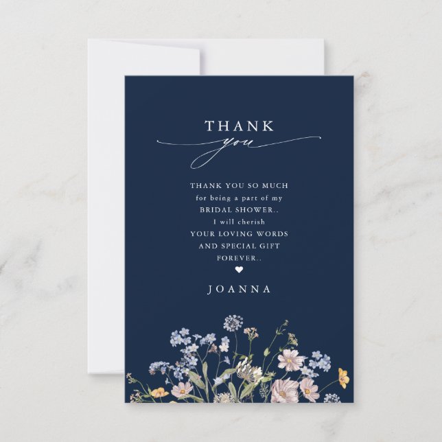 Navy Spring Wildflower Meadow  Bridal Shower Thank You Card (Front)