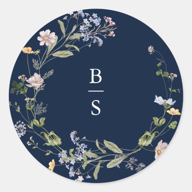 Navy Spring Wildflower Meadow Garden Wedding  Classic Round Sticker (Front)