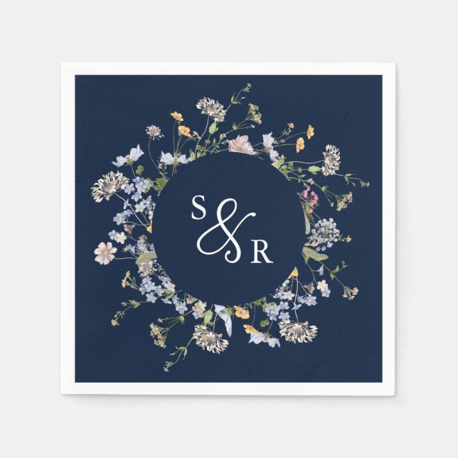 Navy Spring Wildflower Meadow Garden Wedding  Napkin (Front)