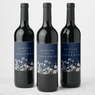 Navy Spring Wildflower Meadow Garden Wedding  Wine Label