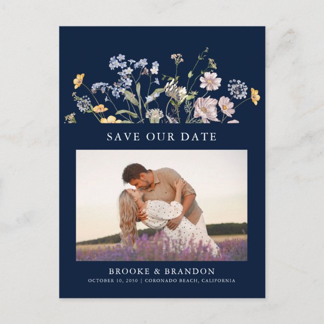 Navy Spring Wildflower Meadow  Save the Date Postcard (Front)