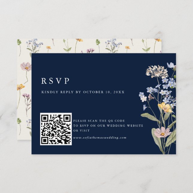 Navy Spring Wildflower Meadow Wedding QR Code RSVP Card (Front/Back)