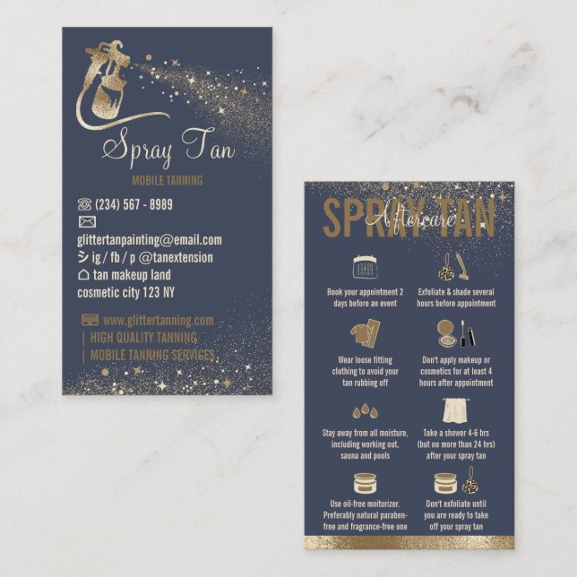 Navy Sprink Aftercare Instructions Spray Tanning Business Card (Front/Back)
