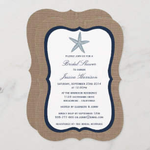 Navy Starfish Beach Burlap Bridal Shower Invitation