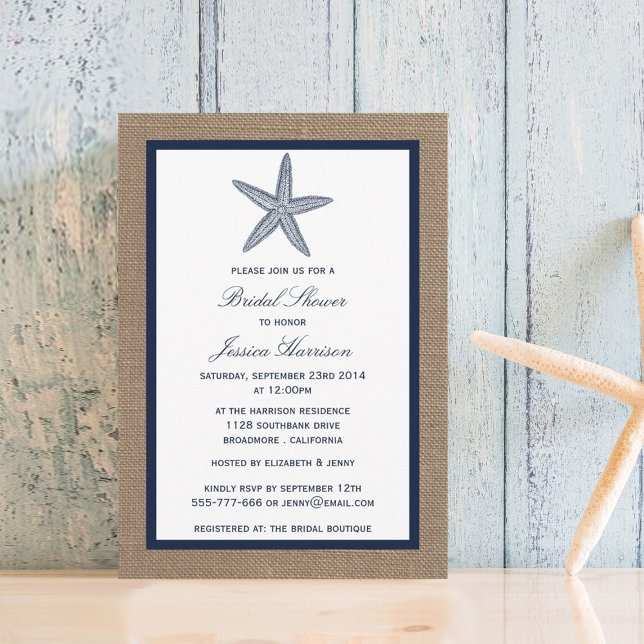 Navy Starfish Beach Burlap Bridal Shower Invitation (Creator Uploaded)